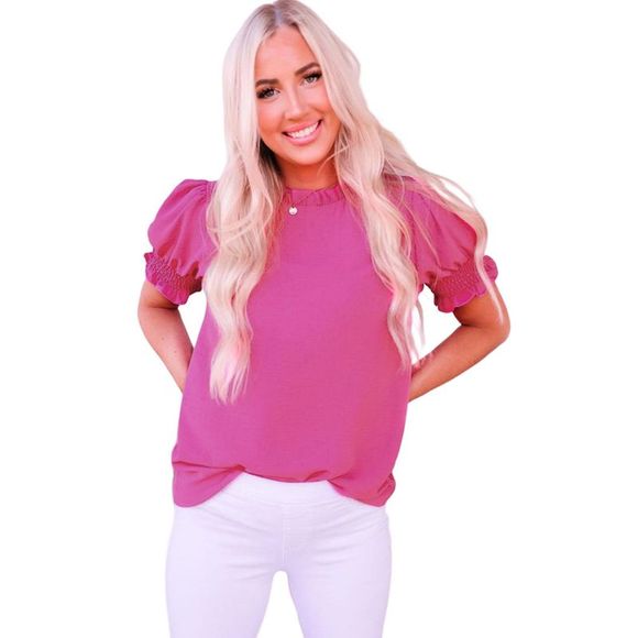 Azura Exchange  Rose Solid Color Smocked Puff Sleeve Blouse - Picture 7 of 8